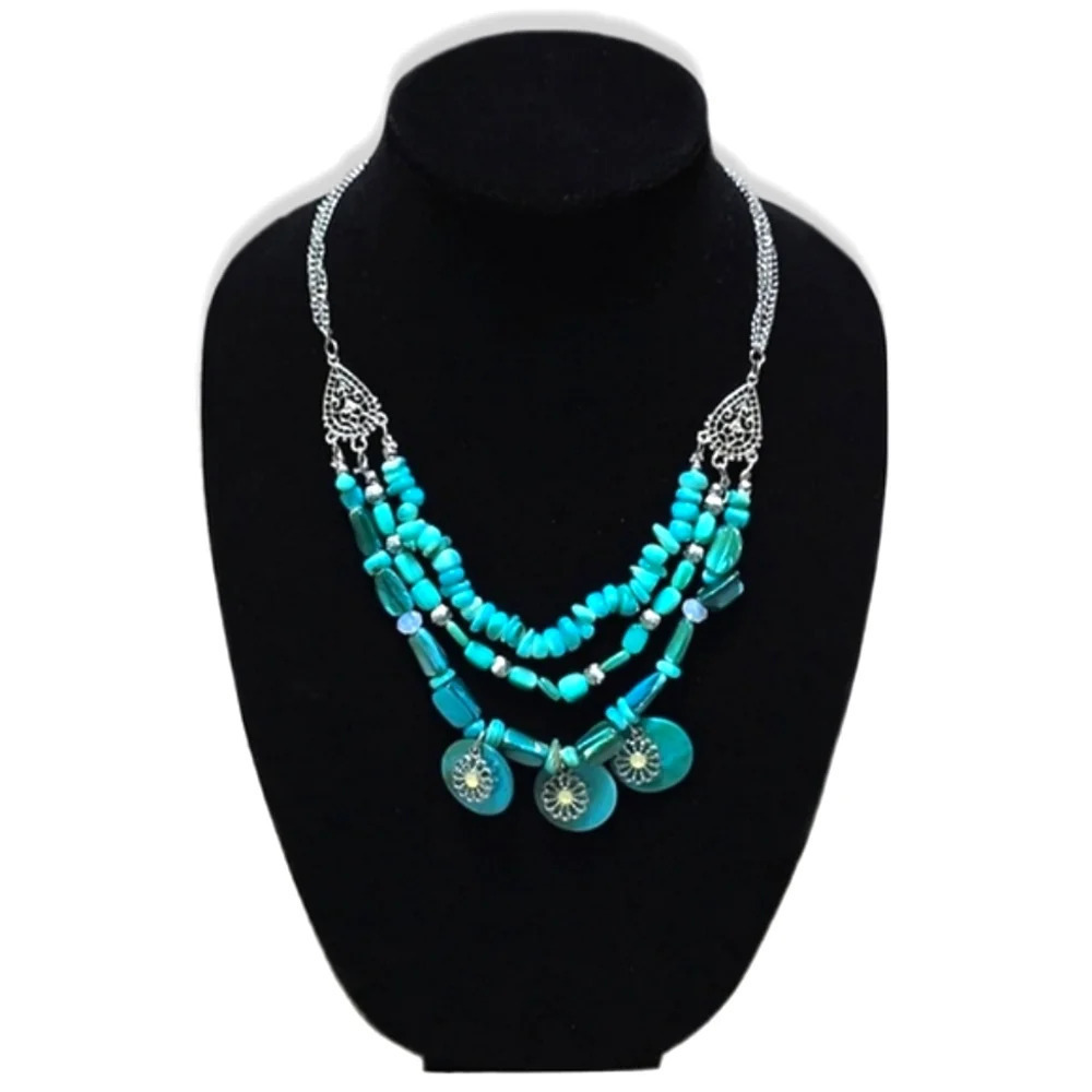 NEW Blue Turquoise Multi Strand Tiered Statement Necklace, Boho, Southwestern - Picture 2 of 12
